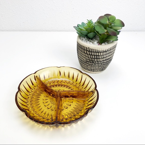 Vintage Amber Glass Three Section Relish Dish